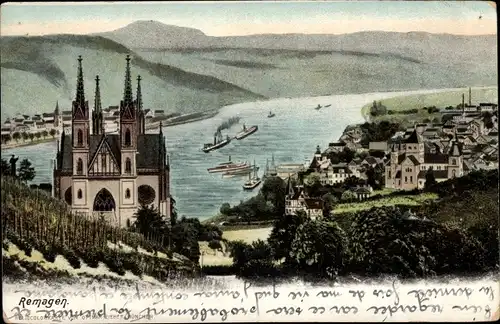 Ak Remagen am Rhein, Blick von der Apollinariskirche zum Rhein