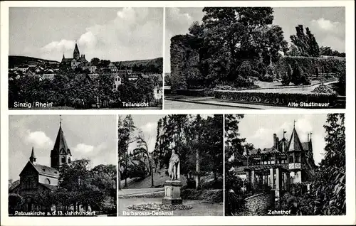 Ak Sinzig am Rhein, Teilansicht, Stadtmauer, Zehnthof, Petruskirche, Barbarossadenkmal
