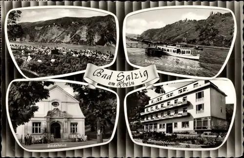 Ak Bad Salzig Boppard am Rhein, Badehaus, Sanatorium, Uferpartie mit feindlichen Brüdern