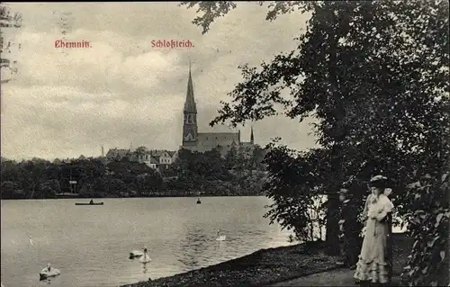 Ak Chemnitz in Sachsen, Schlossteich, Boot, Schwäne, Kirche