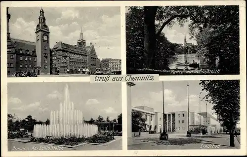 Ak Chemnitz in Sachsen, Brunnen am Schlossteich, Markt, Partie am Schlossteich, Stadtbad