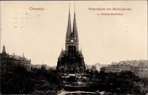 Ak Chemnitz in Sachsen, Körnerplatz mit Markuskirche und Körnerdenkmal