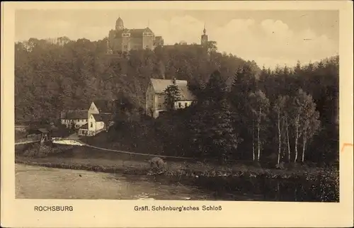 Ak Rochsburg Lunzenau in Sachsen, Gräfl. Schönburg'sches Schloss, Fluss