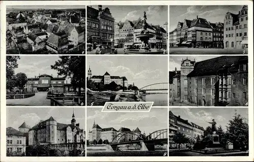 Ak Torgau an der Elbe, Marktplatz, Bahnhof, Schloss Hartenfels, Denkmal Friedrich des Großen