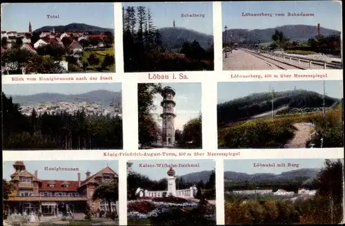 Ak Löbau Sachsen, Schafberg, Honigbrunnen, König Friedrich August Turm, Kaiser-Wilhelm-Denkmal