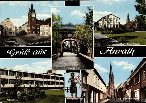 Ak Anrath Willich am Niederrhein, Markt mit Rathaus, evgl. Schule, Bahnstraße, Wappen