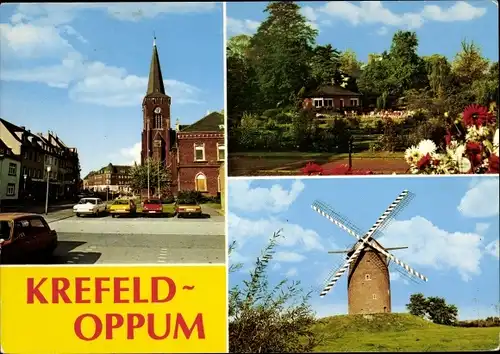 Ak Oppum Krefeld am Niederrhein, Kirche, Windmühle