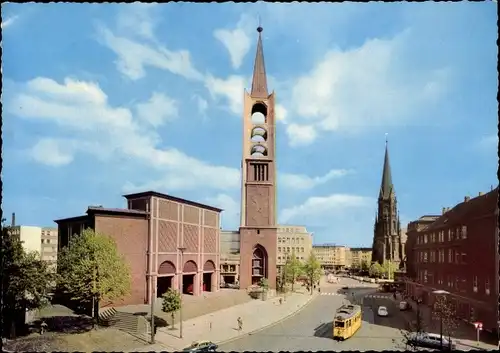 Ak Gelsenkirchen im Ruhrgebiet, ev. Altstadtkirche und Probsteikirche, Straßenbahn