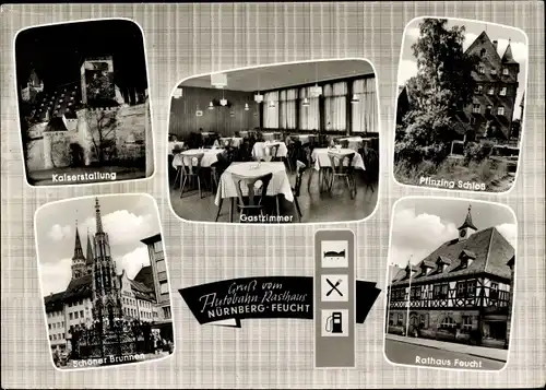 Ak Feucht in Mittelfranken, Autobahn Rasthaus, Gastzimmer, Kaiserstallung, Schöner Brunnen