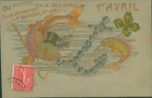 Zelluloid Ak Glückwunsch 1. April, Fische, Gehstock, Glücksklee, Vergissmeinnicht