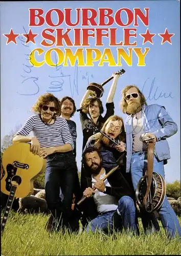 Ak Gruppe Bourbon Skiffle Company, Portrait mit Gitarre, Banjo und Flöte