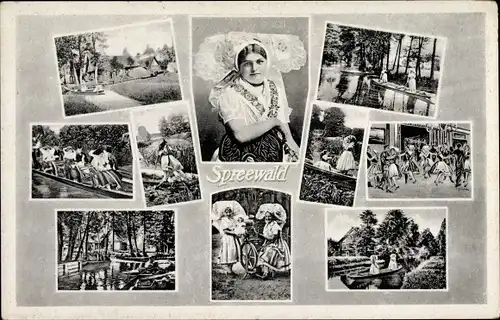 Ak Spreewald, Frauen in Tracht, am Spinnrad, Kahnpartie, Tanzveranstaltung