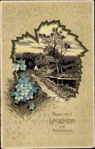 Präge Passepartout Ak Glückwunsch Geburtstag, Dorf, Haus, Vergissmeinnicht