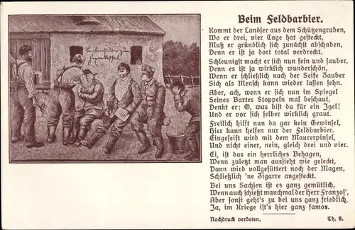 Ak Beim Feldbarbier, Kommt der Landser aus dem Schützengraben, Gedicht