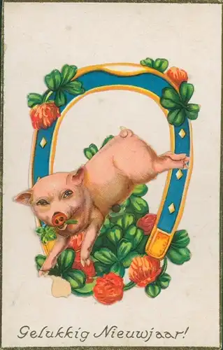 Mechanische Ak Glückwunsch Neujahr, Schwein, Hufeisen, Glücksklee