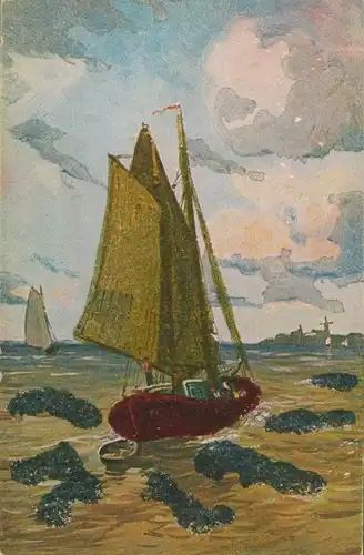 Glitzer Ak Segelboot, Fischer, Wolken, Im Hintergrund eine Windmühle
