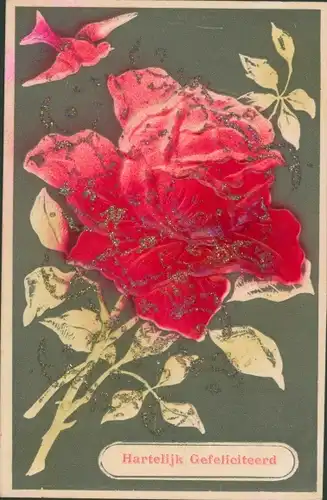 Glitzer Präge Ak Glückwunsch, Hartelijk Gefeliciteerd, Rose, Taube