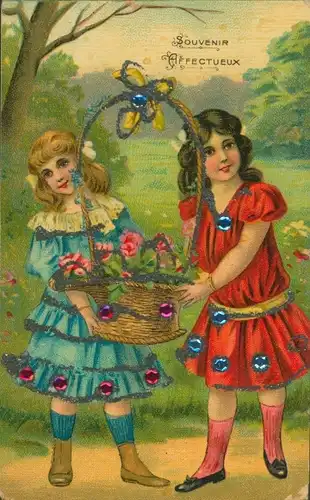 Glitzer Ak Souvenir Affectueux, Mädchen, Blumenkorb, Geschenk