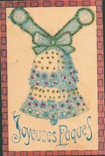 Glitzer Ak Glückwunsch Ostern, Glocke, Vergissmeinnicht