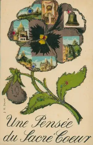 Glitzer Ak Une Pensee du Sacre Coeur, Stiefmütterchen, Glocke, Kirche