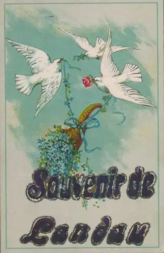 Glitzer Ak Souvenir de Landau, Tauben, Vergissmeinnicht, Rose