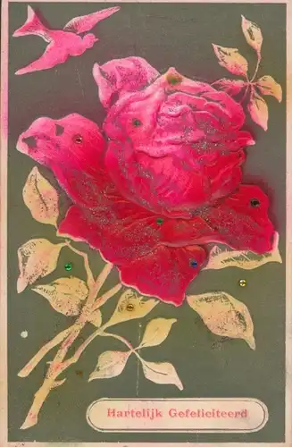Glitzer Präge Stoff Ak Glückwunsch, Hartelijk Gefeliciteerd, Rose, Taube