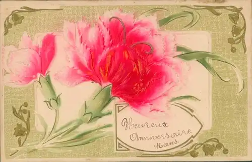 Relief Ak Heureux Anniversaire, Pinke Blumen, Kitsch