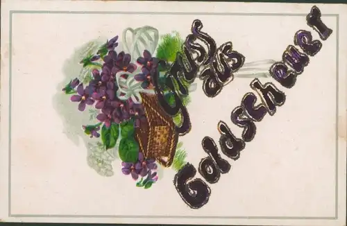 Glitzer Ak Gruß aus Goldscheuer, Korb mit Veilchen