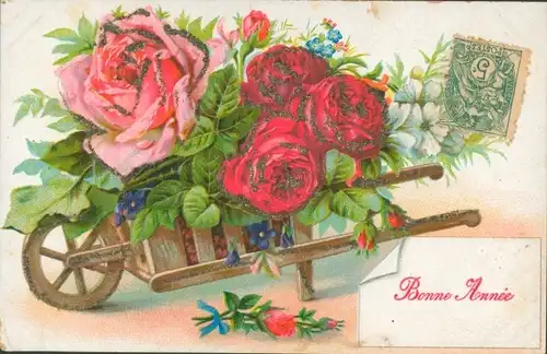 Glitzer Präge Ak Glückwunsch Neujahr, Schubkarre, Rosen