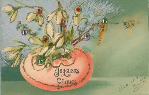 Glitzer Ak Glückwunsch Ostern, Schneeglöckchen in Blumenvase