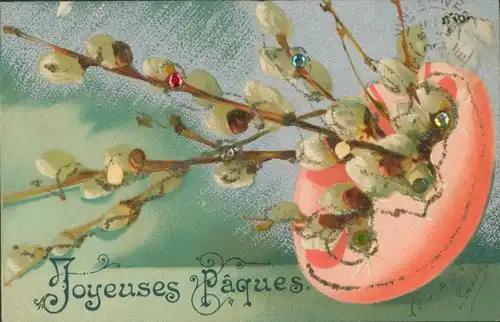 Glitzer Ak Glückwunsch Ostern, Weidenkätzchen, Eierschale