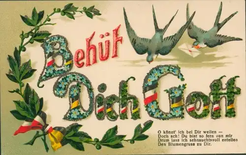 Glitzer Präge Ak Behüt Dich Gott, Flaggenbänder, Schwalben, Vergissmeinnicht, Glücksklee