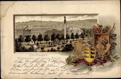 Präge Wappen Litho Stuttgart in Württemberg, Schlossplatz mit neuem Schloss