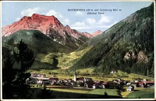 Ak Mayrhofen im Zillertal Tirol, Gesamtansicht mit Grünberg