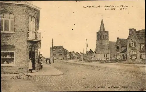 Ak Lombardsijde Lombartzyde Westflandern, Grand Place, Kerk