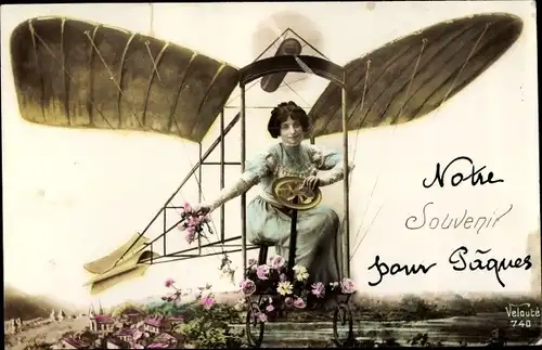 Ak Glückwunsch Ostern, Frau als Pilotin eines Flugzeuges, Fotomontage