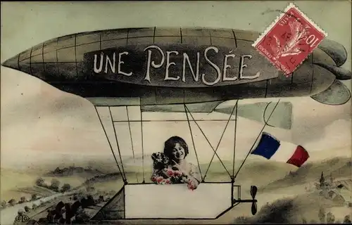 Ak Une Pensee, Frau im Zeppelin, Fotomontage