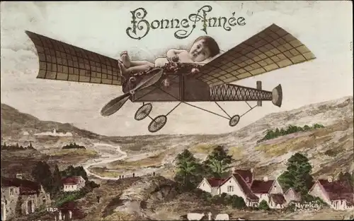 Ak Glückwunsch Neujahr, Baby im Flugzeug