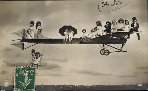Ak Glückwunsch Neujahr, Kinder auf einem Flugzeug