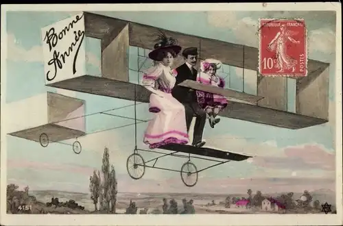 Ak Glückwunsch Neujahr, Familie in einem Flugzeug, Fotomontage