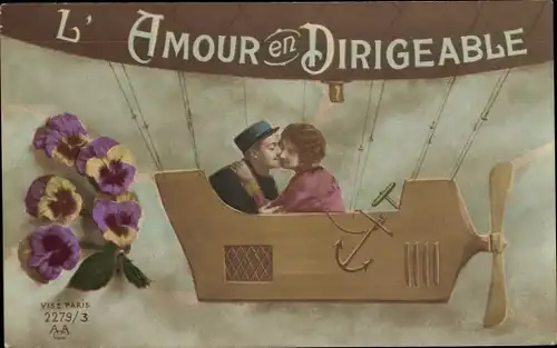Ak L'Amour en Dirigeable, Soldat und Frau im Zeppelin, Stiefmütterchen
