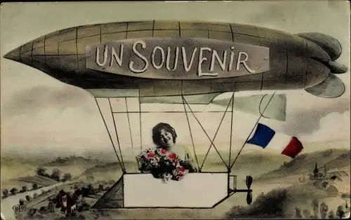 Ak Un Souvenir, Frau im Zeppelin, Fotomontage