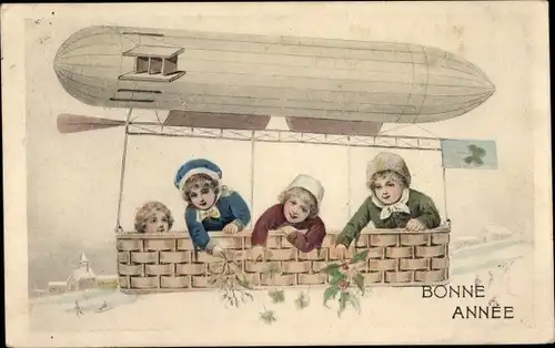 Ak Glückwunsch Neujahr, Kinder im Zeppelin, Stechpalmenzweige, Misteln