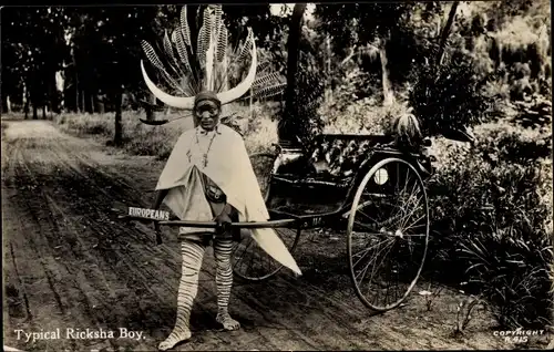 Foto Ak Durban Südafrika, Typical Ricksha Boy, Rikscha