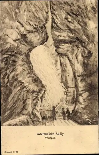 Künstler Ak Adršpach Adersbach Region Königgrätz, Adersbacher Felsen, Wasserfall