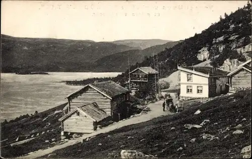 Ak Norwegen ?, Landschaft mit Häusern, Reklame, J. T. Schröder & Co. Amsterdam, Teehandlung