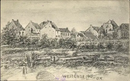 Künstler Ak Westende Westflandern, Dorfpartie 1915