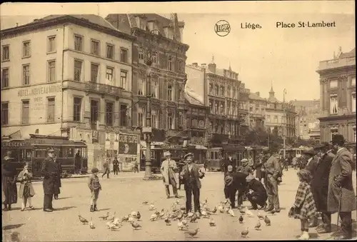 Ak Liège Lüttich Wallonien, Place St. Lambert, Straßenbahnen, Tauben