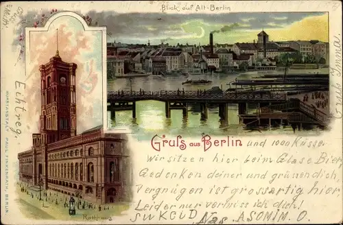 Litho Berlin Mitte, Rathaus, Blick auf die Spree