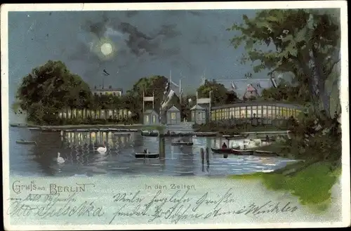 Mondschein Litho Berlin Tiergarten, In den Zelten, Teichpartie